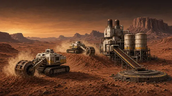 Concept illustration of robotic excavators and a processing plant mining regolith on Mars