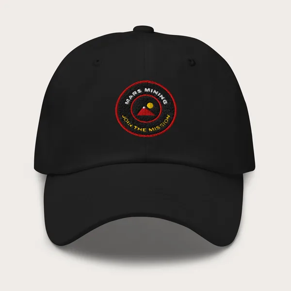 Black dad hat with the round Mars Mining badge embroidered on the front