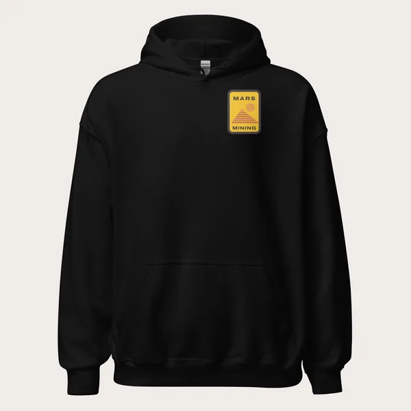 Black hoodie with the Mars Mining patch on the left chest