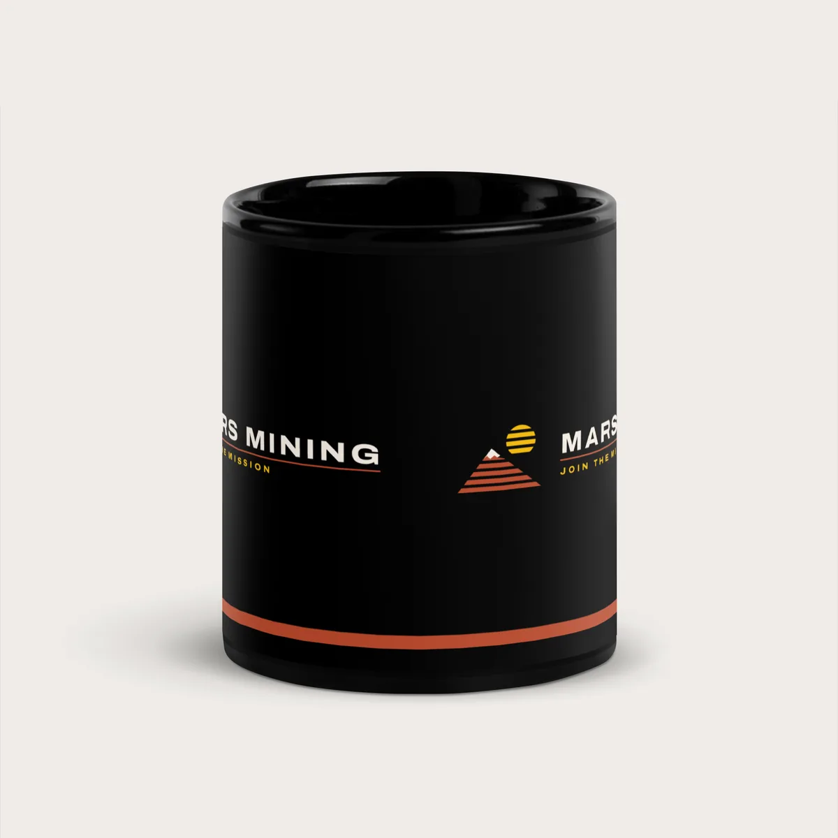 Black 11 oz mug with the Mars Mining logo and a rust stripe