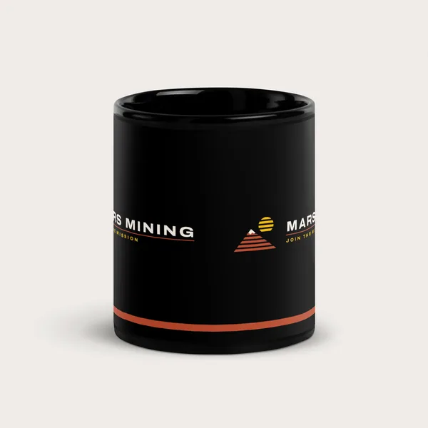 Black 11 oz mug with the Mars Mining logo and a rust stripe