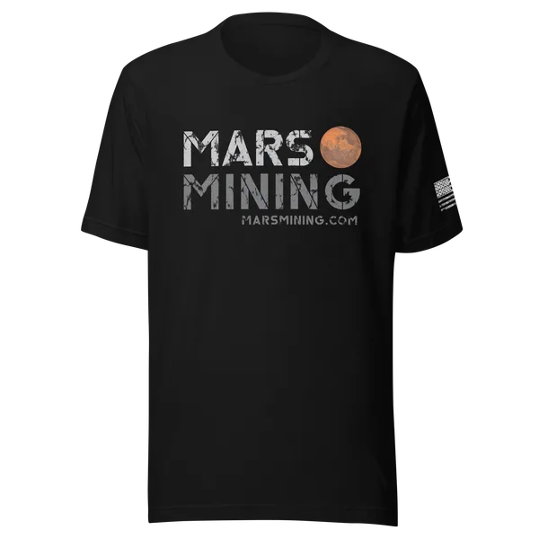 Black t-shirt with worn white MARS MINING lettering, a red Mars beside it and marsmining.com underneath